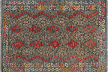 Flat Weave Kilim, Antique, Navaho, Vintage, Handmade, Geometric Kilim Charcoal Red Hand-Woven Rectangle 100% Wool Area Rug 5 x 7